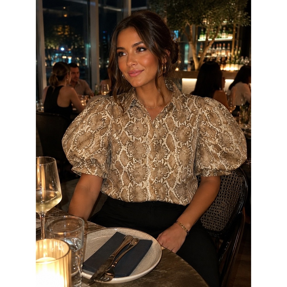 Lucky & Coco Snakeskin Print Puff Sleeve Button Down Blouse Neutral Tan Large